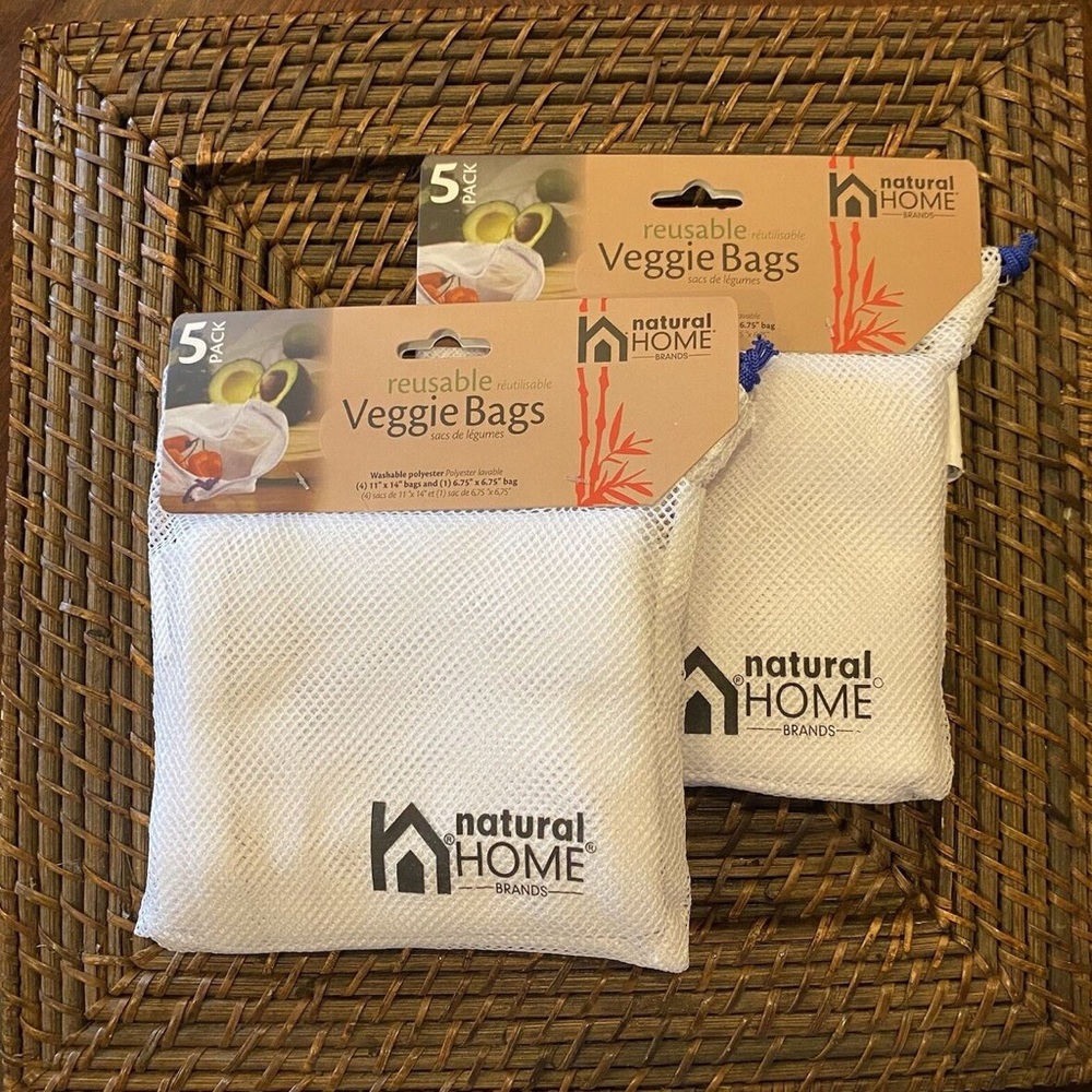 Natural Home (2) 5Pack Reusable Veggie Bags Washable (4)11"×14",(1) 6.75"×6.75"
